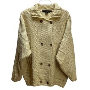Inis Crafts Ireland Cream 100%‎ Wool Double Breasted Button Cardigan Sweater L